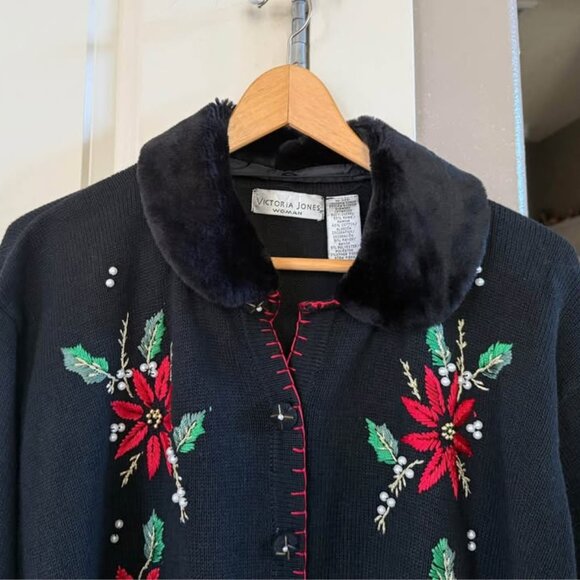 Victoria Woman’s Plus Size Black Embroidered Christmas Holiday Cardigan-Size 1X - Picture 3 of 10